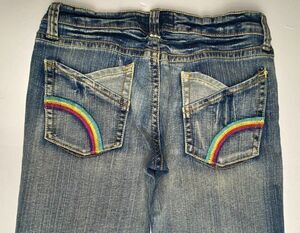 BONAGE 9/10 Jeans Y2K Ultra Low Rise Rainbow Distressed Flare Long 33"